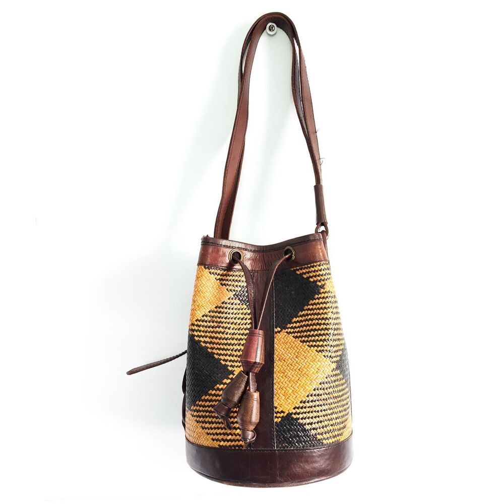 Vintage Boho Brown Tan Rattan Leather Drawstring Crossbody Backpack Bucket Bag